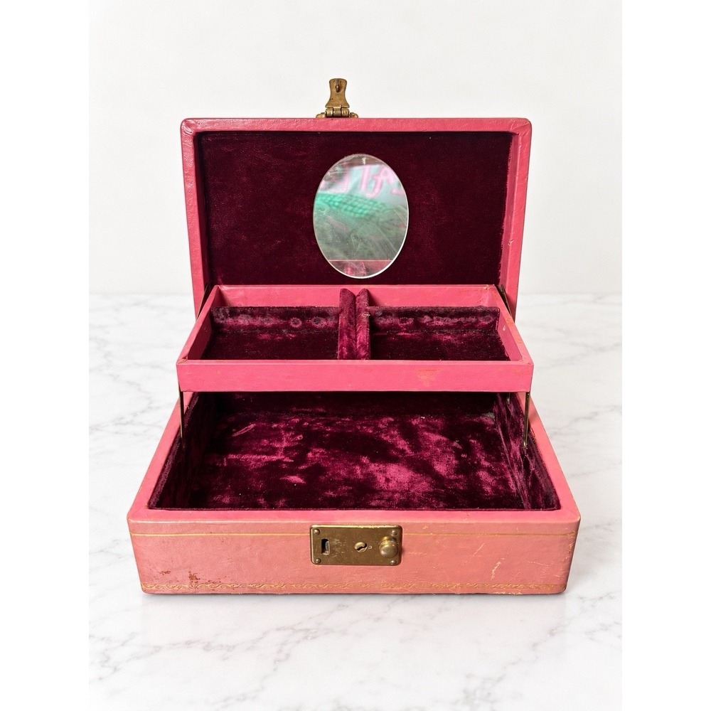 Vintage Pink Jewelry Box Velvet Lined Mirror Gold Trim Two Tier Vanity Case